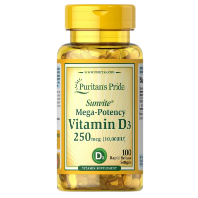Puritan's Pride Vitamin D3 — softgels | 100 × 250 mcg (10000 IU)