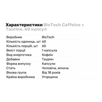 BioTech Caffeine + Taurine, 60 капсул