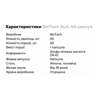 BioTech ALA, 50 капсул
