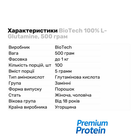 BioTech 100% L-Glutamine, 500 грам