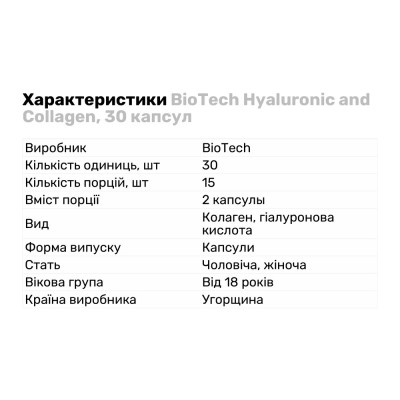 BioTech Hyaluronic and Collagen, 30 капсул