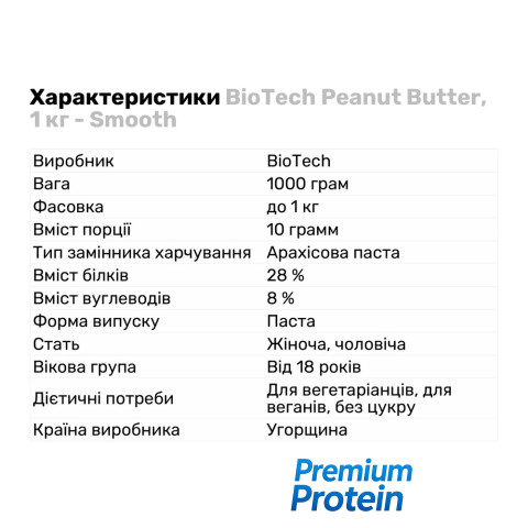 BioTech Peanut Butter, 1 кг - Smooth